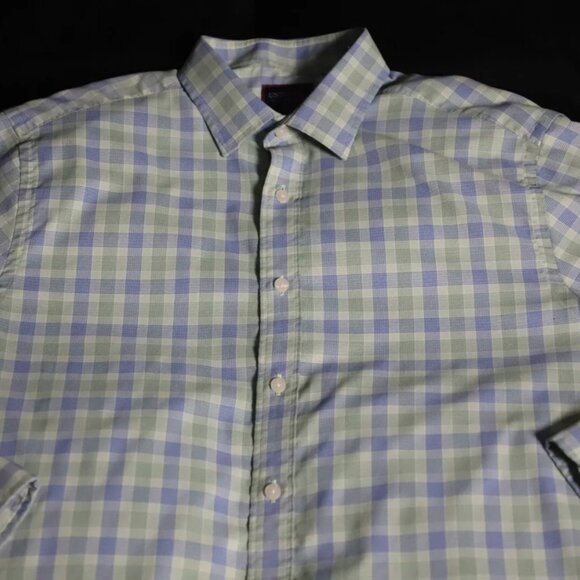 UNTUCKit Button Up Shirt Men M Green/Blue Plaid Casual Spread Collared Polyester - Picture 3 of 8